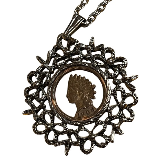 Vintage 1906 Indian Head Penny cut out Pendant Necklace Silverish‎ gunmetal tone - Picture 5 of 8